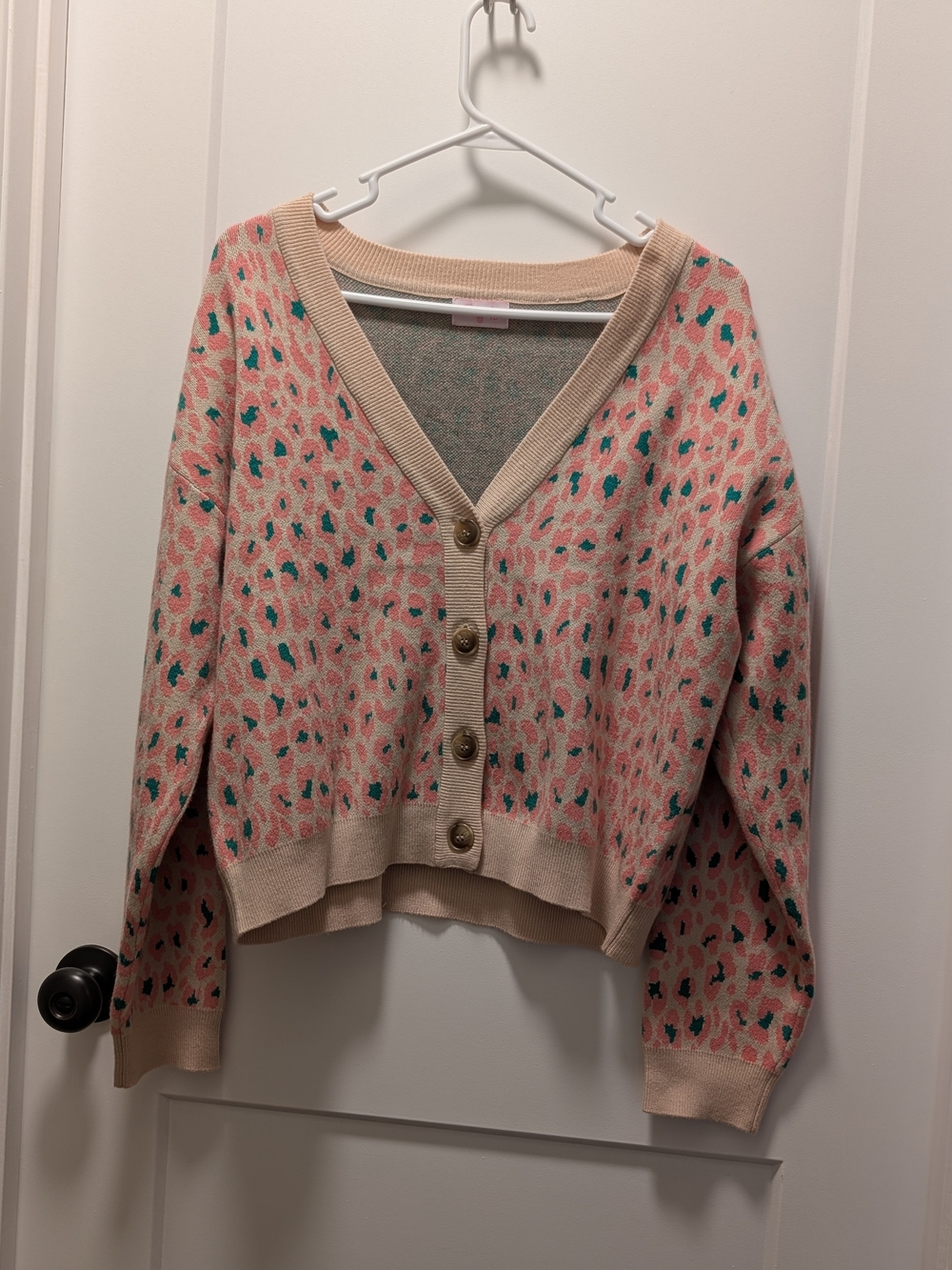 Pink Patterned V-Neck Button Cardigan Sweater